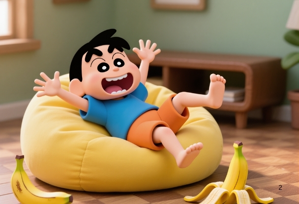 Kid slipping on beanbag with banana peel after laughing