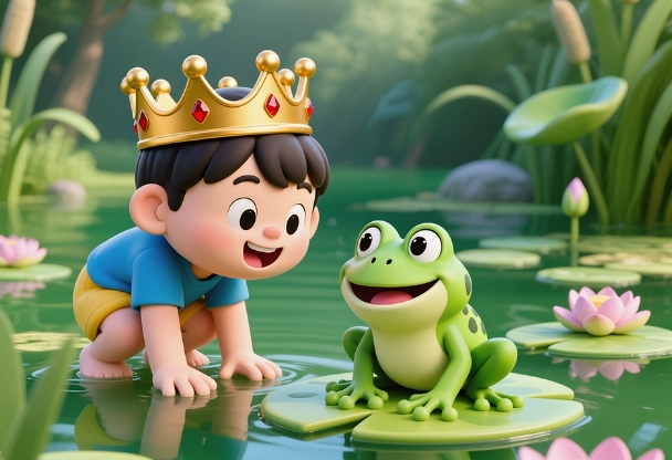 Boy pretending frog is royalty in a funny scene
