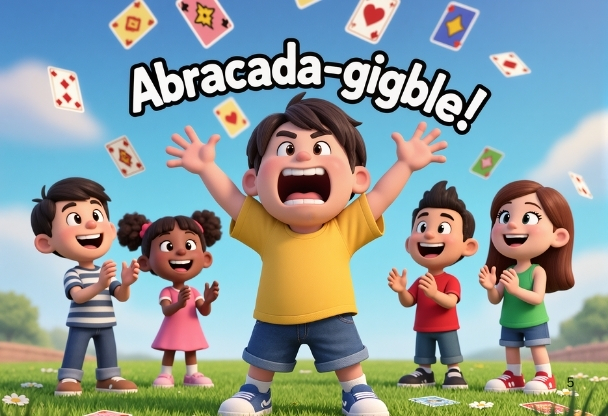 Kids laugh as joke cards fly through the air