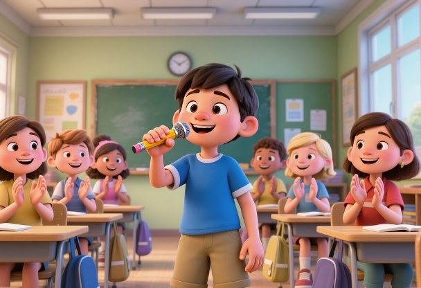 Kid using pencil as mic to joke in class